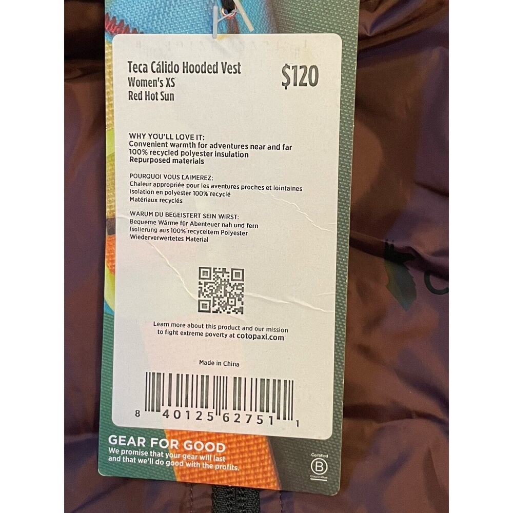 Cotopaxi Teca‎ Calido Hooded Vest Women Size XS Red Hot Sun Reversible Zip NWT - Picture 12 of 12